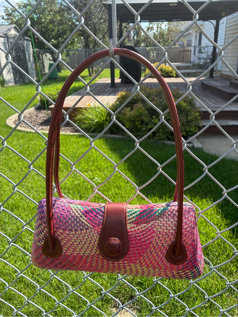 NWOT Le Sac Original Philippine Handwoven Straw Vibrant Rattan Barrel Bag Purse